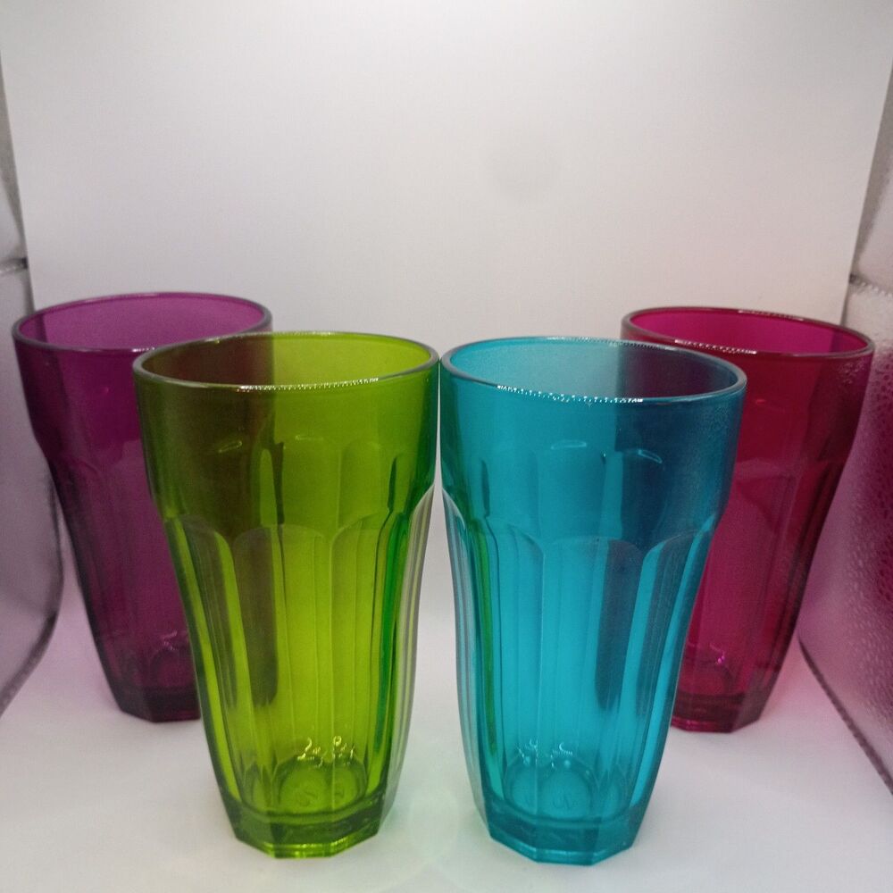 VINTAGE Set of 4 Palaks Jewel Colored Paneled Glass Juice Tumblers Cups